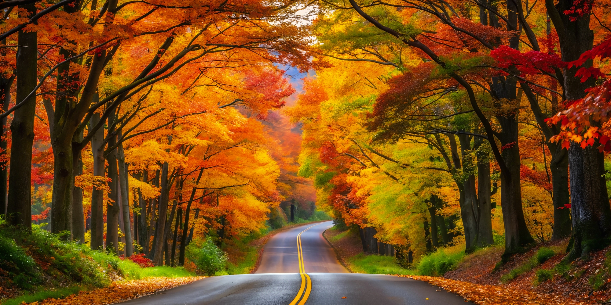eine mit Herbstlaub bedeckte Straße, umrahmt von leuchtenden Herbstbäumen