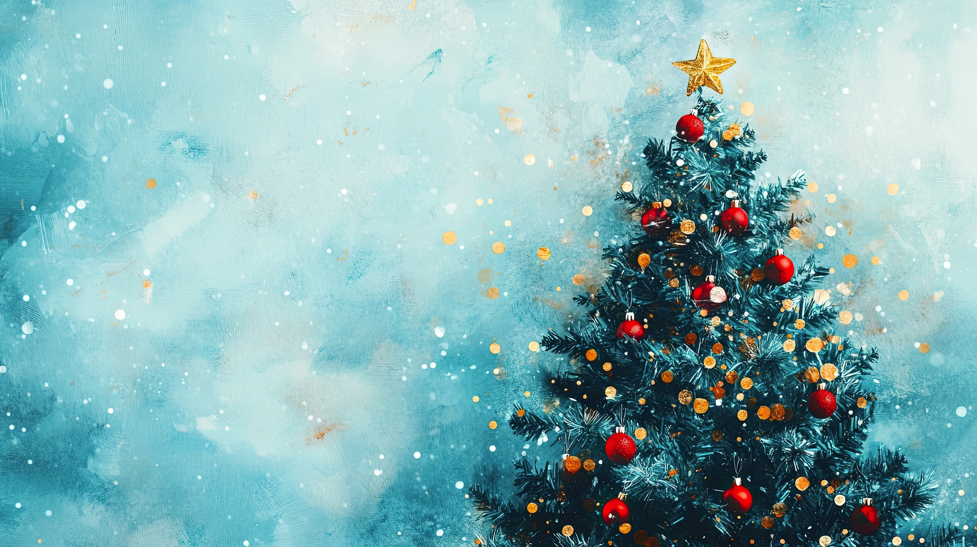 beleuchteter Weihnachtsbaum mit Glaskugeln und Girlanden geschmückt