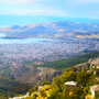 Panoramische Fahne Volos Stadt- und Seegolfvogelperspektive von Makrinitsa,Pilionhalterung,Griechenland