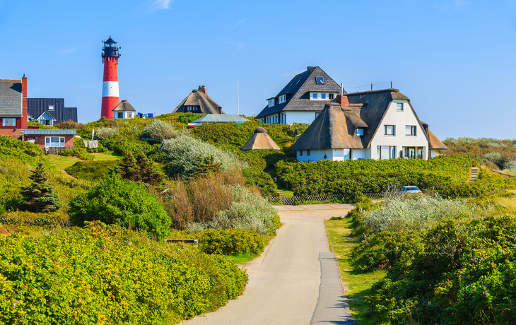 Reetdachhäuser in Hörnum auf Sylt in der Nordsee, Deutschland