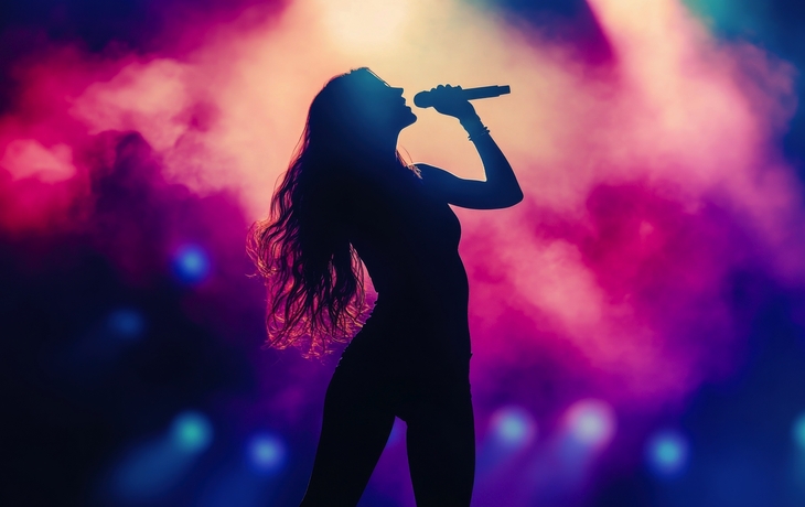 Sängerin singt auf der Bühne in einer Lichtshow