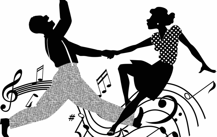 Paar tanzt Rock ‚n‘ Roll in Schwarz und Weiß