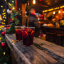 zwei Gläser Glühwein auf Holzarbeitsplatte auf dem Weihnachtsmarkt