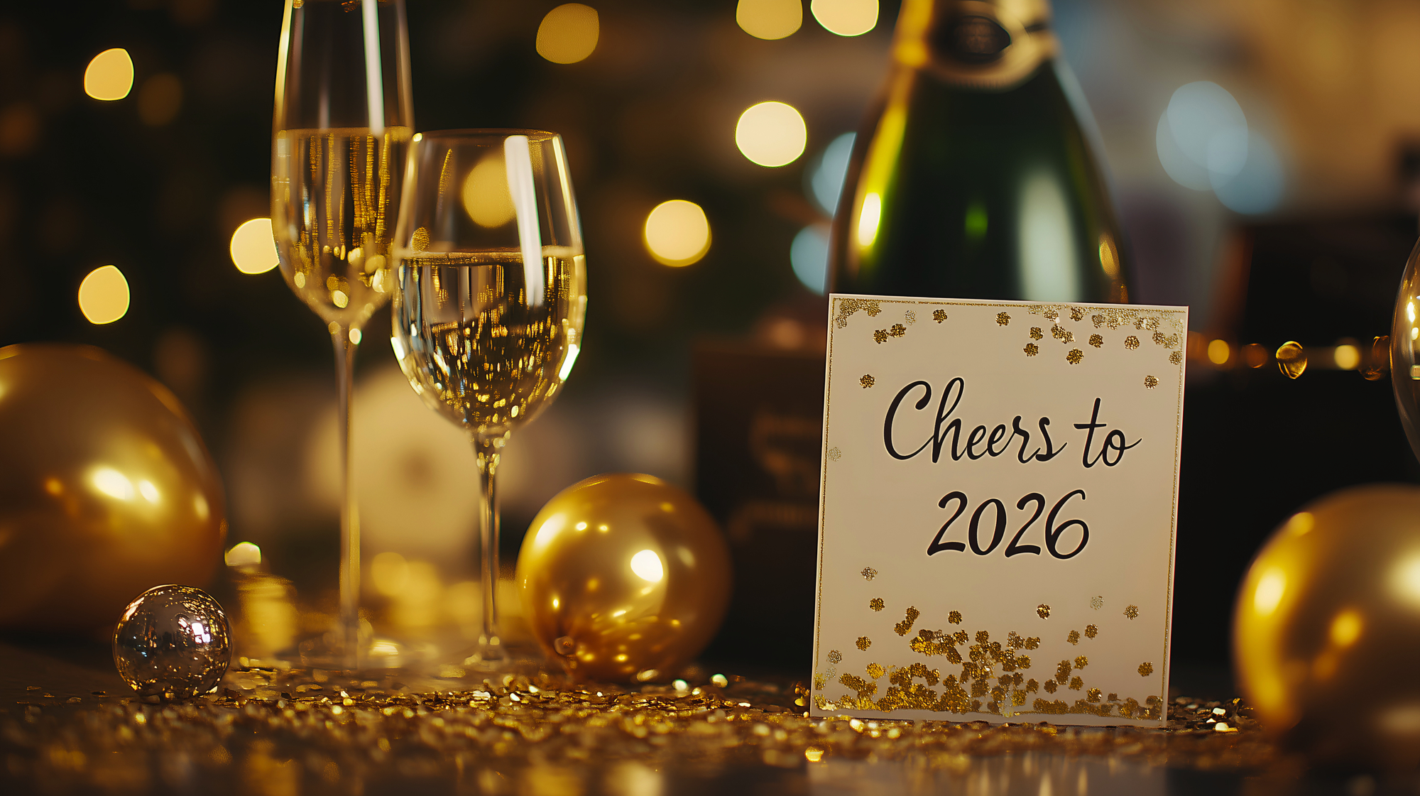 Zwei Sektgläser mit einer „Cheers to 2026“-Kartz