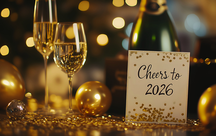 Zwei Sektgläser mit einer „Cheers to 2026“-Kartz