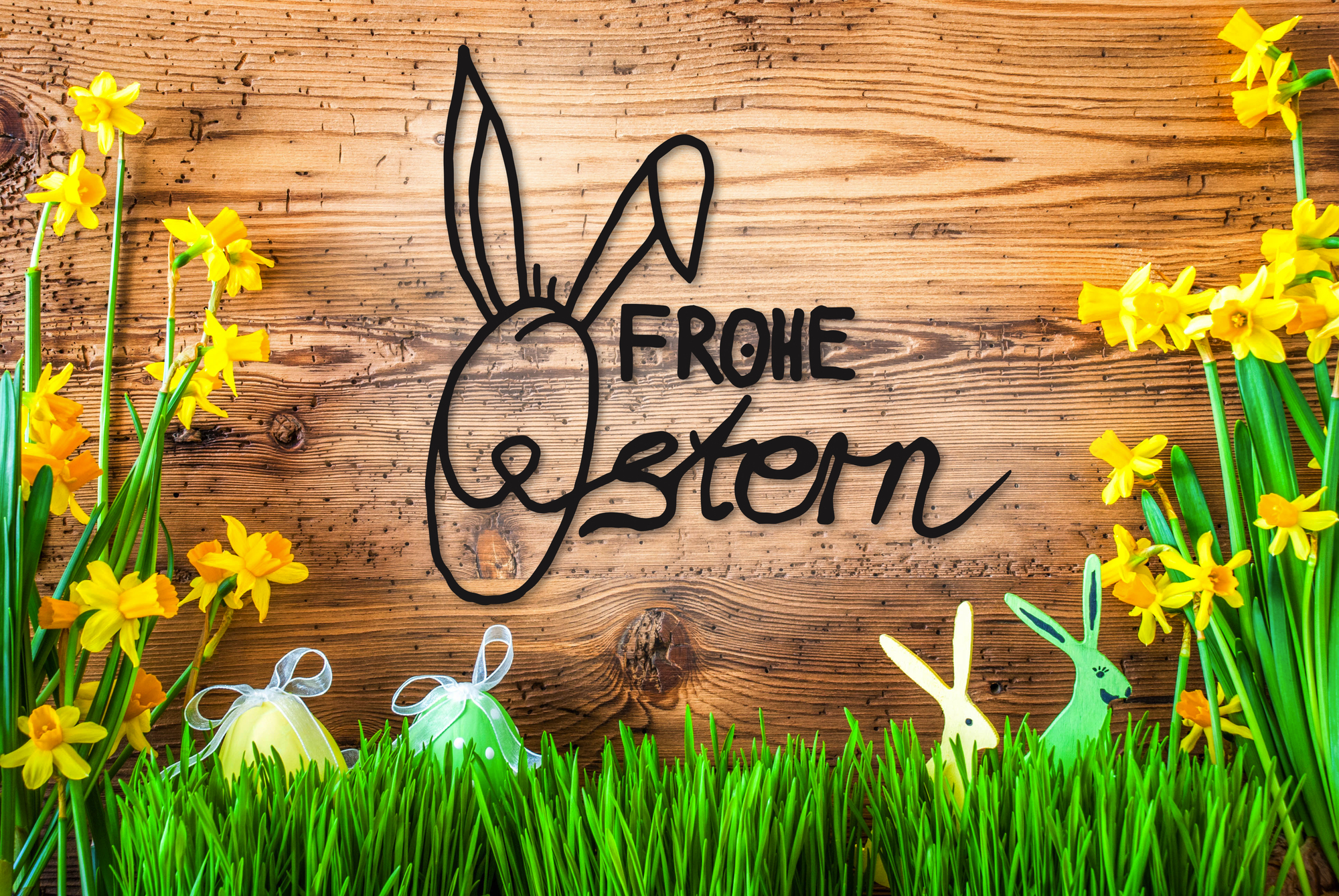 Osterdekoration, Frühlingsblumen-Kalligraphie „Frohe Ostern“