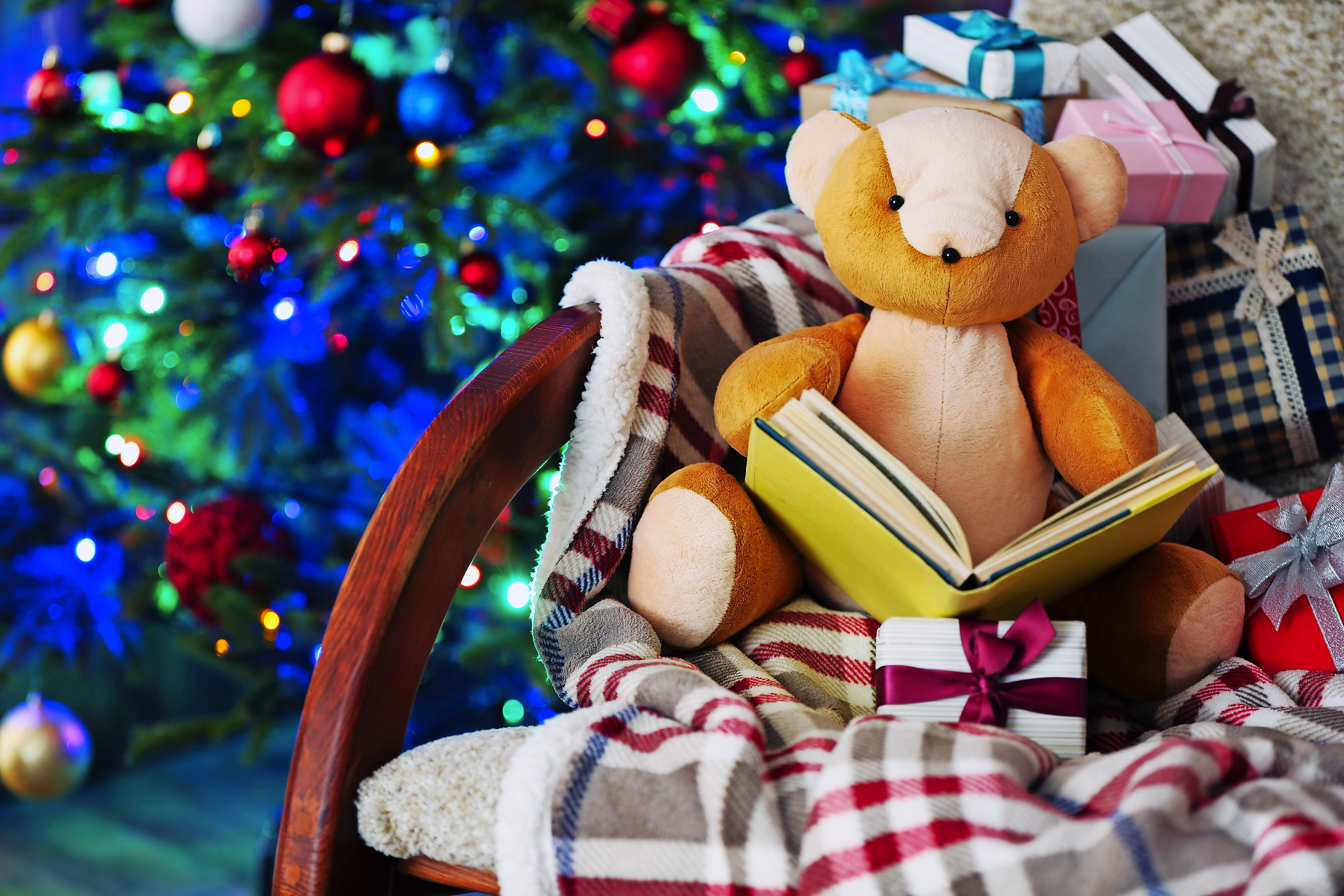 Teddy-Bär mit Buch und Geschenk-Boxen in Schaukelstuhl
